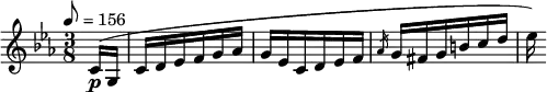 \relative c' { \set Staff.midiInstrument = #"violin" \clef treble \time 3/8 \key c \minor \tempo 8 = 156 \partial 8*1 c16(\p g | c d ees f g aes | g ees c d ees f | \slashedGrace { aes } g fis g b c d | ees) }