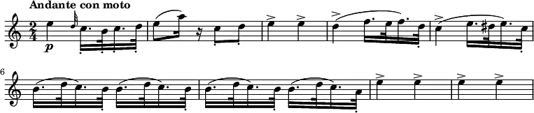 \relative c' { \set Staff.midiInstrument = #"oboe"
\set Staff.midiMinimumVolume = #0.7
\set Staff.midiMaximumVolume = #1.0
\tempo "Andante con moto"
\tempo 8 = 120
\transposition c'
\key a \minor
\time 2/4
e'4_\p \grace {d32} c16._. b32_. c16._. d32_. e8( a16) r c,8_. d_. e4-> e-> d->( f16. e32 f16.) d32_. c4->( e16. dis32 e16.) c32_. b16.( d32 c16.) b32_. b16.( d32 c16.) b32_. b16.( d32 c16.) b32_. b16.( d32 c16.) a32_. e'4-> e-> e-> e->
}