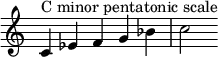 {
\override Score.TimeSignature #'stencil = ##f
\relative c' {
\clef treble \time 5/4
c4^\markup { "C minor pentatonic scale" } es f g bes c2
} }