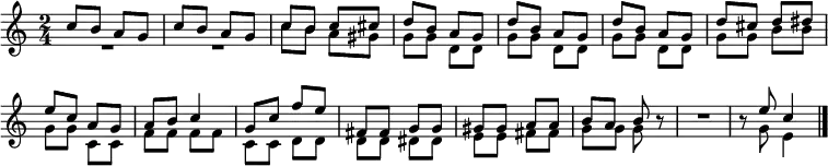 \header { tagline = ##f }
\layout { indent = 0 \context { \Score \remove "Bar_number_engraver" } }
global = { \key c \major \time 2/4 }
voiceA = \new Voice \relative c'' { \global \voiceOne
c8 b a g | c b a g | c b c cis | d b a g |
d' b a g | d' b a g | d' cis d dis | e c a g |
a b c4 | g8 c f e | fis, fis g g | gis gis a a | b a b r8 | R2 | r8 e8 c4 \bar "|."
}
voiceB = \new Voice \relative c'' { \global \voiceTwo
R2 | R2 | c8 b a gis | g g d d |
g g d d | g g d d | g g b b | g g c, c |
f f f f | c c d d | d d dis dis | e e fis fis | g g g r8 | R2 r8 g e4 \bar "|."
}
\score {
\new Staff \with { \consists "Merge_rests_engraver" midiInstrument = "acoustic grand" } % "choir aahs" }
<<
\voiceA
\voiceB
>>
\layout { }
\midi { \tempo 4=102 }
}