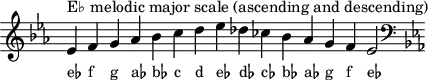 \header { tagline = ##f }
scale = \relative b { \key es \major \omit Score.TimeSignature
es^"E♭ melodic major scale (ascending and descending)" f g as bes c d es des ces bes as g f es2 \clef F \key es \major }
\score { { << \cadenzaOn \scale \context NoteNames \scale >> } \layout { } \midi { } }