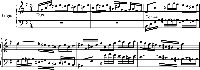 
\version "2.18.2"
\header {
  tagline = ##f
}

Dux         = { e16_\markup{Dux}  g b e dis e d e cis e c e | b e dis e ais, cis g fis g ais fis e }
ContreSujet = { d8 b' r16 fis'16 g fis e d cis e d4~ d16 cis b ais b cis ais b }
Comes       = { b16^\markup{Comes} d fis b ais b a b gis b g b fis b ais b eis, gis d cis d e cis b }

upper = \relative c' {
  \clef treble 
  \key e \minor
  \time 3/4
  \tempo 4 = 126
  \set Staff.midiInstrument = #"harpsichord"

   %% FUGUE CBT I-10, BWV 855, mi mineur
   \Dux \ContreSujet cis16 fis, ais cis e ais, cis e g fis e g fis e d cis b ais gis fis d'4~

}

lower = \relative c {
  \clef bass 
  \key e \minor
  \time 3/4
  \set Staff.midiInstrument = #"harpsichord" 
    
   R2.*2 \Comes ais8 fis' r16 fis'16 g fis e d cis e d4~ d16 cis b ais b cis a b
    
}

\score {
  \new PianoStaff <<
    \set PianoStaff.instrumentName = #"Fugue"
    \new Staff = "upper" \upper
    \new Staff = "lower" \lower
  >>
  \layout {
    \context {
      \Score
      \remove "Metronome_mark_engraver"
    }
  }
  \midi { }
}
