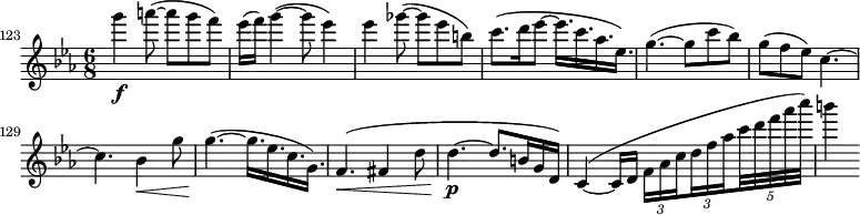 \relative c''' \new Staff {
\key es \major \clef "treble"
\set Staff.midiInstrument = "violin"
\set Score.tempoHideNote = ##t \tempo 4 = 96
\set Score.currentBarNumber = #123 \bar ""
\time 6/8
g'4\f a8( ~ a g f) | es16( f) g4( ~ g8 es4) | es ges8( ~ ges es b) |
c8.( d16 es8 ~ es16. c as es) | g4.( ~ g8 c bes) | g( f es) c4. ~ | c bes4\< g'8 |
\set tupletSpannerDuration = #(ly:make-moment 1 8)
\set subdivideBeams = ##t
\override TupletBracket #'stencil = ##f
g4.\!( ~ g16. es c g) | f4.\<( fis4 d'8 | d4.\p( ~ d8. b16 g d) | c4\<( ~ c16 d \times 2/3 { f as c d f as } \times 4/5 { c32 d f as c) } | b4
}