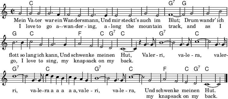 
\header { tagline = ##f }
\layout { indent = 0 \context { \Score \remove "Bar_number_engraver" } }

global = { \key c \major \time 2/2 \partial 2 }

chordNames = \chordmode { \global \set ChordNames.midiInstrument = #"acoustic guitar (nylon)" \set chordChanges = ##t
  s2 | c,1 | c, | c, | c, | c, | c, | g,:7~ | g,2
  g,2 | g,1 | g, | c, | c, | f, | c,2 g,:7 | c,1~ | c,2
  s2 | g,1:7~ | g,2:7 s | c,1~ | c,2 s | g,1:7~ | g,2:7
  s2 | c,1 | c, | g,:7~ | g,2:7 s | c,1~ | c, | f, | c,2 g,:7 | c,1~ | c,2 \bar "|."
}

tenorVoice = \relative c'' { \global
  g2 | g g | g2. f4 | f2 e | e2.
  e4 | e2 e | g e | f1~ | f2
  g2 | g b | b2. b4 | c2 g | g2.
  g4 | a2 f | e d | c1~ | c4 r
  g'4. g8 | b1~ b2 g4. g8 | c1~ | c2
  g4. g8 | d'1~ | d2 g,4. g8 | e'4 d c b | c b a g | b1~ | b2
  g4. g8 | c1~ | c2 g | a f | e d | c1~ | c2\bar "|."
}

verse = \lyricmode {
  Mein Va -- ter war ein Wan -- ders -- mann,
  Und mir steckt’s auch im Blut;
  Drum wandr’ ich flott so lang ich kann,
  Und schwen -- ke mei -- nen Hut,
  Va -- ler -- ri, va -- le -- ra, va -- ler -- ri,
  va -- le -- ra a a a a a, va -- le -- ri, va -- le -- ra,
  Und schwen -- ke mei -- nen Hut.
}
verseE = \lyricmode {
  I love to go a- -- wan -- der -- ing,
  a -- long the moun -- tain track,
  and as I go, I love to sing,
  my knap -- sack on my back.
  \repeat unfold 23 { \skip 1}
  my knap -- sack on my back.
}

chordsPart = \new ChordNames \chordNames
tenorVoicePart = \new Staff \with { midiInstrument = "accordion"} { \tenorVoice }
\addlyrics { \verse } \addlyrics { \verseE }

\score {
  <<
    \chordsPart
    \tenorVoicePart
  >>
  \layout { }
  \midi { \tempo 4=256 }
}
