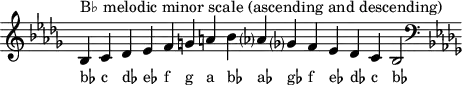 
\header { tagline = ##f }
scale = \relative b { \key bes \minor \omit Score.TimeSignature
  bes^"B♭ melodic minor scale (ascending and descending)" c des es f g a bes as? ges? f es des c bes2 \clef F \key bes \minor }
\score { { << \cadenzaOn \scale \context NoteNames \scale >> } \layout { } \midi { } }
