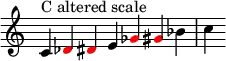 {
\override Score.TimeSignature #'stencil = ##f
\relative c' {
\clef treble \time 7/4 c4^\markup { C altered scale }
\override NoteHead.color = #red des dis
\override NoteHead.color = #black e
\override NoteHead.color = #red ges gis
\override NoteHead.color = #black bes c
}
}