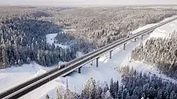 The highway in Priozersky District of Leningrad Oblast. Smorodinka River (Volchya tributary) [ru] flows beneath the bridge on the 46th km of the route.