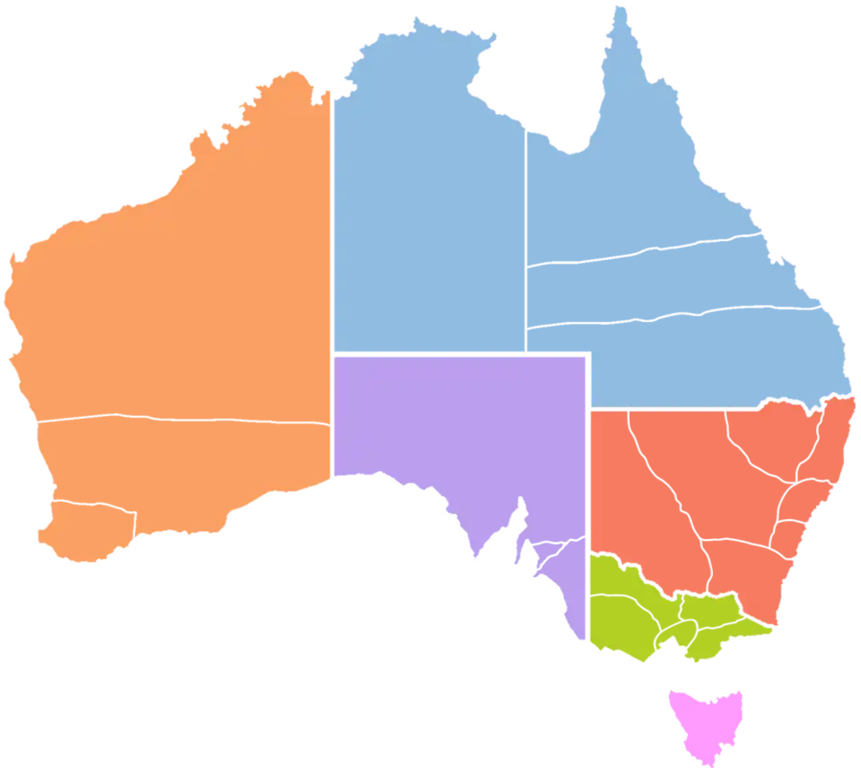 Australia map. The six provinces (shown in colour) and 23 dioceses of the Anglican Church of Australia