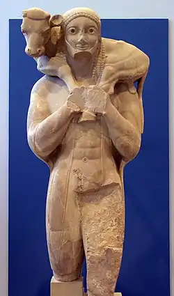 The Moschophoros or calf-bearer, c. 570 BC, Athens, Acropolis Museum.
