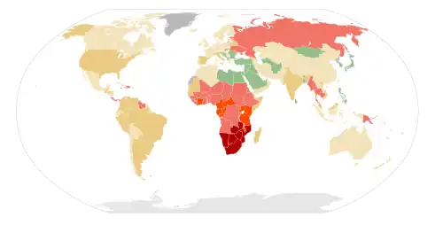 alt=Estimated prevalence in % of HIV among young adults (15–49) per country as of 2011.[47]   No data   <0.10   0.10–0.5   0.5–1   1–5   5–15   15–50