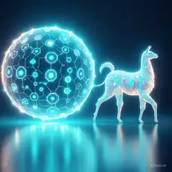An AI-generated image of a glowing neon orb and a llama