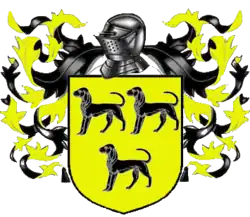 A coat of arms showing three black dogs on a field of yellow.