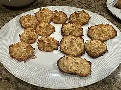 A plate of coconut and chocolate coconut macaroons served on Passover