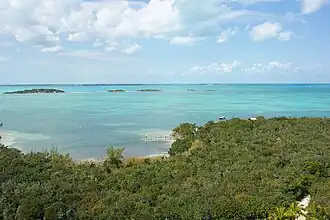 Aerial view of a large, light-blue body of water, off the coast of an island's coastline with tropical vegetation. Some small islands or large cays are visible in the water in the distance.