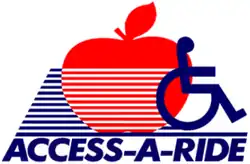 Access-A-Ride logo, consisting of a red apple, a blue wheelchair access icon, and the blue text "Access-A-Ride"