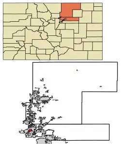 Location of the City of Northglenn in Adams and Weld counties, Colorado.