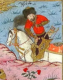 Adil Giray on horse. Şeca'atname (1598)