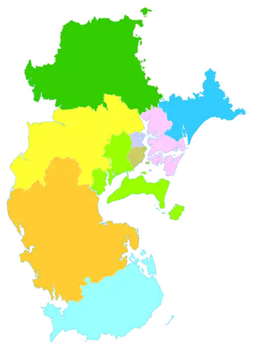 On this map of Zhanjiang, Wuchuan is the easternmost part, shown in light blue next to the region in pink.