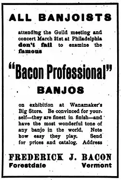 Advertisement, Bacon Professional Banjos, Cadenza Magazine, March 1907, p. 56