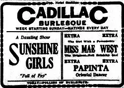 1915 burlesque advertisement for "Miss Mae West" at the Cadillac Burlesque