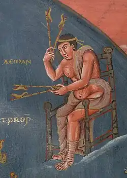 9th century A.D., Carolingian Empire. Aeman playing crotals, showing a blending of ancient traditions in the medieval period; in the Carolingian Renaissance, the Roman cymbala cymbals were attached to "forked sticks" to make the crotals.[10][11]
