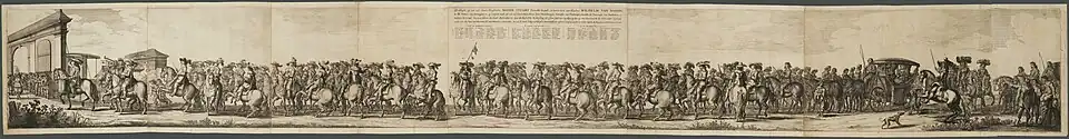 Procession of the troops led by Captain Jan van Waveren, cornet Jonker Jacob de Graeff and Lieutenant Dirck Tulp on the occasion of the entry of Maria Henrietta Stuart and her son Wilhelm III. of Orange-Nassau in Amsterdam in 1660