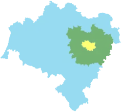 Wrocław metropolitan area in green, while city core in yellow