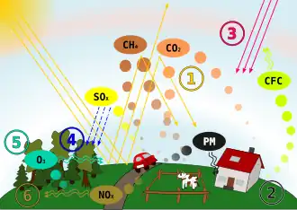 Schematic showing (1) CO2 and CH4 from heating, driving and livestock causing warming (2) PM pollution from driving (3) CFCs from buildings depleting ozone, causing UV to come through (4) SO2 from combustion causing acid rain and (5) ground-level ozone from nitrous oxides and (6) nitrous oxides from car exhausts.