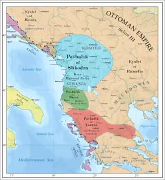 Albanian pashaliks in 1790-1795. The Pashalik of Shkodra is colored in blue.