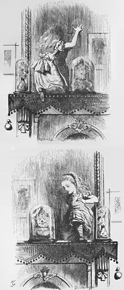 Young girl in Victorian dress going through a large mirror and out the other side