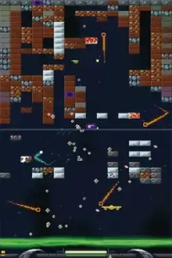 Two screens are vertically aligned; both have rectangles on them that are primarily brown and grey, while a yellow paddle the player controls is on the bottom screen. Multiple flaming balls are on both screens.