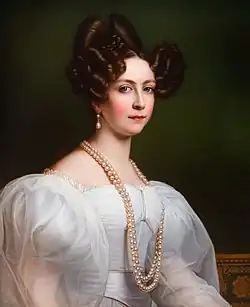 Empress Amélie of Brazil, granddaughter of Empress Joséphine (Napoleon's first wife) wearing a two-strand pearl necklace and earrings set, 1829