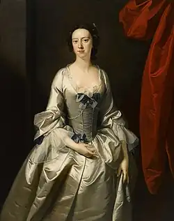 Oil painting on black background of a white woman in a white silk dress, a painting from the 18th century.