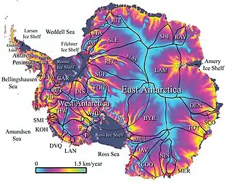 Antarctic balance velocities (note that these are not measured velocities but are inferred from the distribution of driving stress, the broad pattern however does strongly reflect actual surface velocities.)
