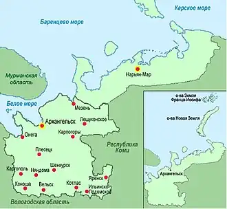 Green shaded map, labeled in Russian with red dots, of northern Russia