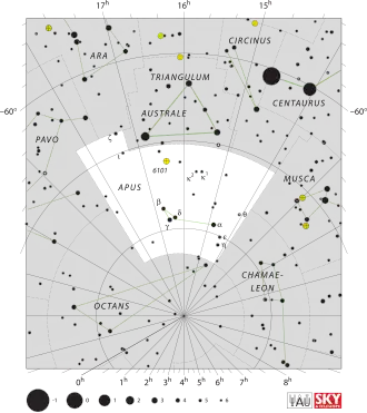 Diagram showing star positions and boundaries of the Apus constellation and its surroundings
