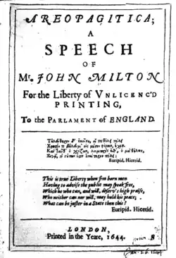 Image 6John Milton's Areopagitica (1644) argued for the importance of freedom of speech. (from Liberalism)