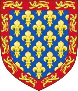 Coat of arms of Hamelin de Warenne, Earl of Surrey (Husband to Isabel de Warenne, The Countess of Warenne): Azure semy-de-lis or (France) Bordure Semy Gules lions passant guardant in pale Or armed and langued Azure (England) In Escutcheon Checky Or And Azure.