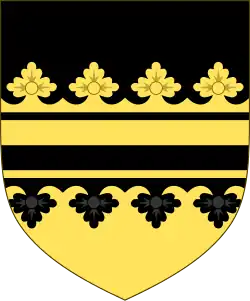 Per fess sable and Or, a fess per fess between two cotises their outer edges in the form of the upper rim of a Ducal Coronet all counterchanged.