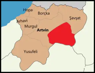Map showing Ardanuç District in Artvin Province