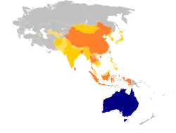Map showing the Australia in blue, and the nations where Asian Australians originate from in shades of orange