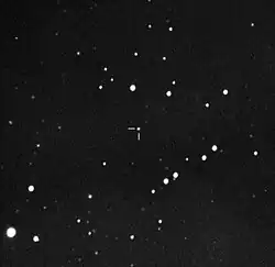 Asteroid 3617 Eicher (tick marks) imaged by Canadian astrophotographer Jack Newton on July 5, 2005, using a robotic telescope placed in Portal, Arizona. At this time the asteroid shone at magnitude 16.7 and was just south of the Virgo Cluster of galaxies.