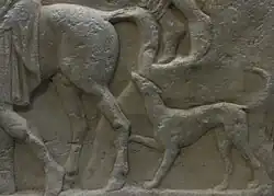 low-relief sculpture in stone of a dog pointing to the left of the square. A man and a horse precede it. The dog's head is angled up and just reaches the mid-femur of a horse and its shoulder is inline with the knee of the horse and the knee of the man.