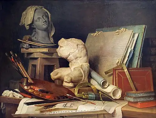 The Attributes of the Arts; by Anne Vallayer-Coster; 1769; oil on canvas; 90 x 121 cm; Louvre[25]