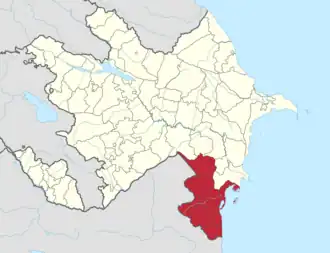 Map of the districts of Azerbaijan highlighting the six that declared the short-lived Talysh-Mughan Republic.