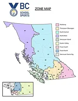 The current BC School Sports Zone Map (Description: A map of British Columbia with different coloured segments representing the nine zones that make up the province of British Columbia, along with a legend to the right of the map and the Current BC School Sports logo on top beside the underlined text "ZONE MAP"