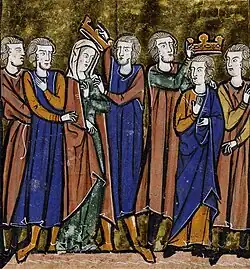 Mother and son crowned, surrounded by people