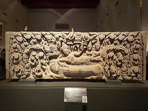 Khmer lintel depicting Narayana sleeping upon the Sheshanaga in the middle of Milky Ocean, Bangkok National Museum