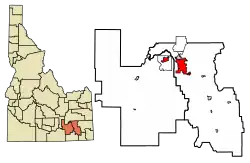 Location of Pocatello in Bannock County and Power County, Idaho.