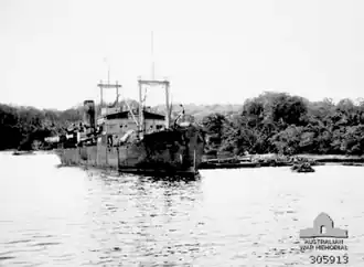 Oro Bay, New Guinea. 1943. The Dutch transport Bantam alongside the jetty during Operation Lilliput.